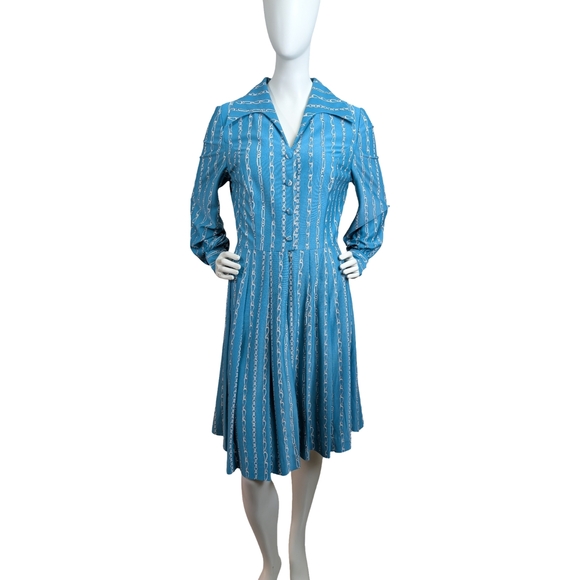 Dresses & Skirts - Vintage Chain Print Midi Dress | 60s 70s Mod Boho | Long Sleeve, Size Large
